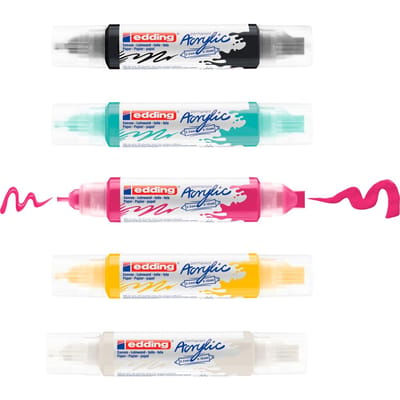edding 5400 acrylstiften 3D double liner - zwart, wit, geel, pink, turquoise - set van 5 tubes acrylverf (basis) - dubbele punt 2-3, 5-10 mm - acrylverf voor canvas, hout - verf in schilderskwaliteit