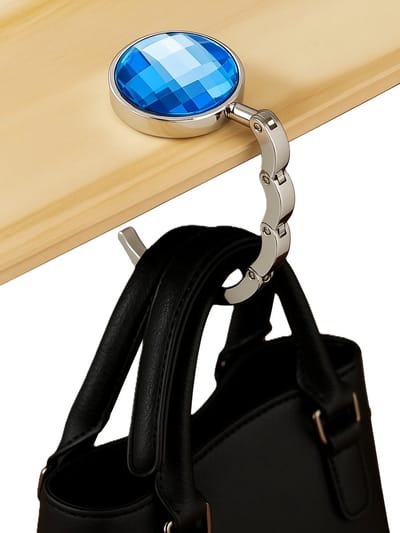 Opvouwbare Handtas Hanger – Stijlvolle Metalen Tashouder voor Tafel & Bureau | Compact, Draagbaar & Duurzaam | Ø 3,4 cm – 9,35 cm Uitgeklapt | Blauw/Zilver