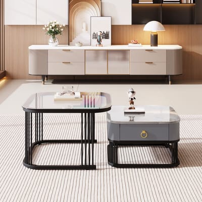 DESMIU Tafelset – Inschuifbaar Ontwerp Met Marmerlook En Lades – Voor Woonkamer En Lounge – MDF – Zwart – 60x60x44,5 Cm En 50x50x34,5 Cm