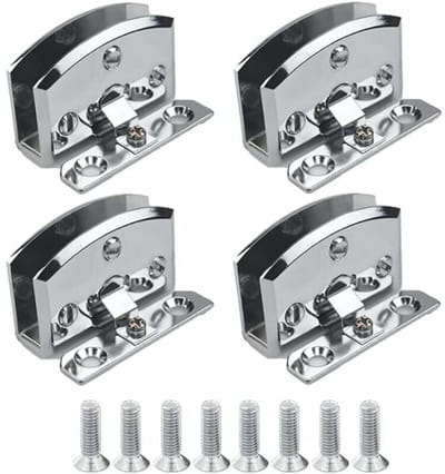 Vier zilverkleurige klikscharnieren Geschikt voor glazen deuren, Geschikt voor glasdiktes van 5-8 mm.