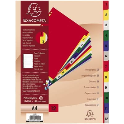 Exacompta Tabbladen met bedrukte tabs in gekleurde PP - 12 tabs - 1 tot 12 - A4 - Geassorteerde felle kleuren - 1512E