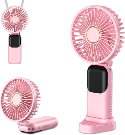 Mini draagbare ventilator, USB oplaadbare ventilator, kleine zakventilator met 5 snelheden en voet, stille opvouwbare handventilator voor kantoor en buitengebruik (roze)