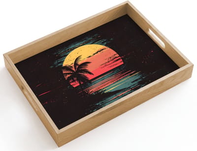 Dienblad hout 40x30 cm - Schootdienblad - Strand - Minimalistisch - Zon - Oranje - Borrelplank rechthoek - Plateau dienbladen