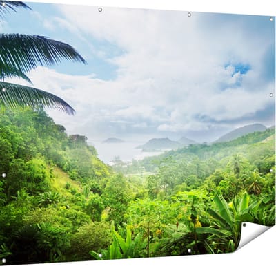 Gards Tuinposter Jungle Uitzicht op de Seychellen - 150x120 cm - Tuindoek - Tuindecoratie - Wanddecoratie buiten - Tuinschilderij