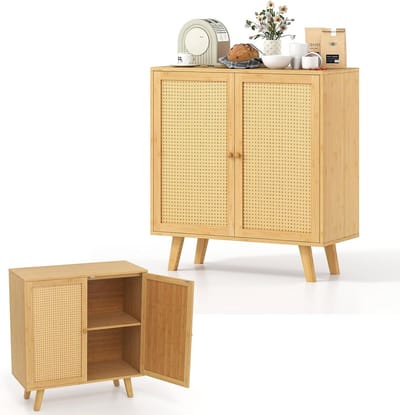 Keukenkast Bamboe - Buffetkast Dressoir - Keuken Opbergen - Met Rotan Deuren - 80 x 35 x 85 cm - Naturel