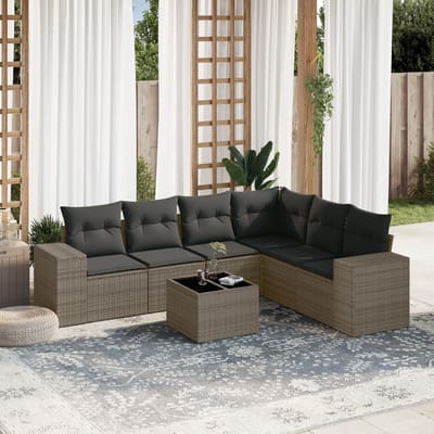 vidaXL - 7-delige - Loungeset - met - kussens - poly - rattan - grijs