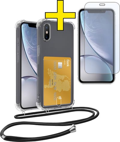 Hoesje Geschikt voor iPhone Xs Max Telefoonhoesje Met Koord Case Pashouder Met Screenprotector Siliconen - Hoes Geschikt voor iPhone Xs Max Hoesje Met Kaarthouder - Transparant