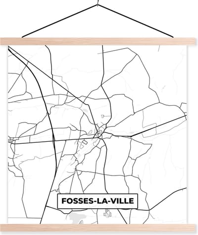Posterhanger incl. Poster 40x40 cm - Schoolplaat - Stadskaart – Plattegrond – België – Zwart Wit – Fosses la Ville – Kaart - Textielposter - Blanke latten - Stadskaart