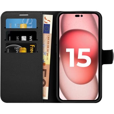 ShieldCase telefoonhoesje geschikt voor Apple iPhone 15 bookcase - ruimte voor pasjes - optimale bescherming - zwart