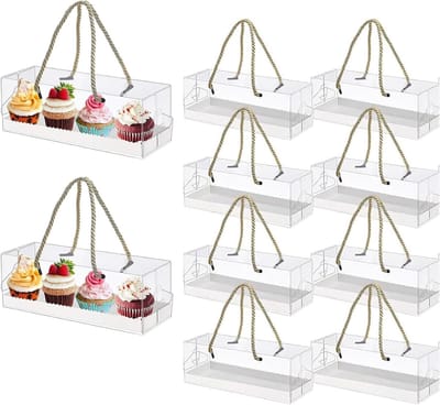 10 Stuks Transparante Taartdozen met Handvatten, Rechthoekige Plastic Verpakking voor Gebak, Bruiloft en Verjaardag (22.5 x 8 x 8 cm)
