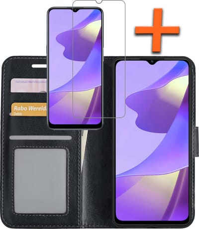 Hoes - Met Screenprotector - Geschikt voor OPPO A16 - Luxe Pasjeshouder - Bookcase Portemonee - Flip Case - Kunstleer Book Case - Flipcase - Book Cover - Walletcase - PortemonneeHoes - Zwart