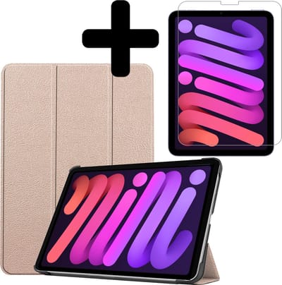 Hoesje - Geschikt voor Apple iPad Mini 6 (2021) - 8.3 inch - 6e Generatie - Met Screenprotector - Hardcover Book Case - Trifold Bookcase Hoes - Hard Cover - Tablethoes - Rosé goud
