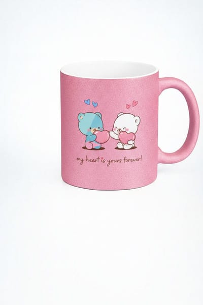 Valentijn Mok Roze Glitter met Liefdesberen & Harten - 'My Heart is Yours Forever!' - Romantisch Cadeau