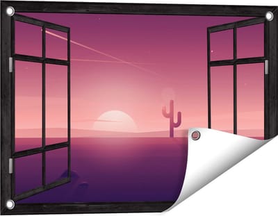 Gards Tuinposter Doorkijk Zonsondergang in de Woestijn met een Cactus - 60x40 cm - Tuindoek - Tuindecoratie - Wanddecoratie buiten - Tuinschilderij