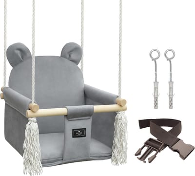 Babyschommelset voor binnen en buiten, beer-grijs fluweel, schommel, kinderschommel, kleuterschommel, peuterschommel, houten schommel, schommelzitje vanaf 6 m, voor thuis, tuin
