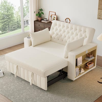 Pugsdrly Multifunctionele slaapbank, moderne klapbank met opbergruimte en slaapfunctie, bekerhouders, USB-poort en kussens, ruimtebesparende bank voor woonkamer, slaapkamer en logeerkamer, beige