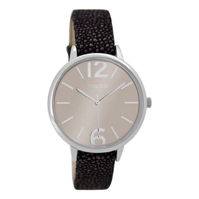 OOZOO Timepieces - Zilverkleurige horloge met zwarte leren band - C9227