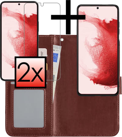 Hoesje - 2 in 1 - Geschikt voor Samsung Galaxy S22 - Met 2x Screenprotector - En Uitneembare Hard Cover - Bookcase - Wallet Case - Met Pasjeshouder - Book Case - Uitneembaar - Pashouder - Kunstleer - Bruin