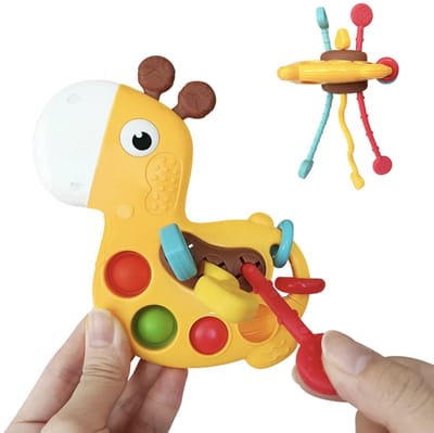 Playos® - Interactief Bijtspeelgoed - Giraf - Sensorische Bijtring - Montessori Bijtring - Baby - Fijne Motoriek - Sensorisch Speelgoed - Trekkoord - Baby Speelgoed - Giraffe
