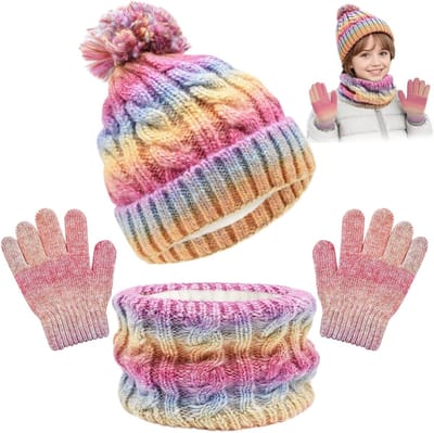 Kinderen Muts en Sjaal Set met Pompon, Gebreide Nekwarmer en Fleece Handschoenen voor Jongens en Meisjes, Perfecte Cadeaus voor de Winter