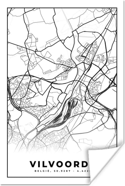 Poster Stadskaart – Plattegrond – België – Zwart Wit – Vilvoorde – Kaart - 120x180 cm XXL