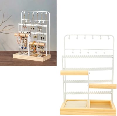 Sieraden Organizer voor Oorbellen, Kettingen, Ringen en Armbanden - 4 Laags Earring Clip met 11 Haken van IJzer en Eikenhout (Wit) voor Optimaal Gebruik en Opslag