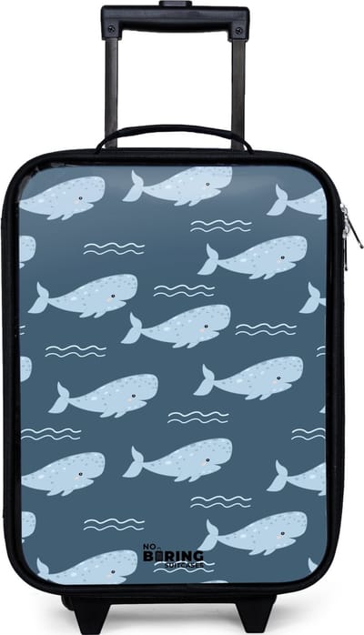 NoBoringSuitcases.com® - Kinderkoffer jongen - Kindertrolley meisje - Walvis met golven patroon blauw - Koffer kind lichtgewicht - Reiskoffer trolley voor kinderen - Koffertje met lichtgevende wieltjes - Rolkoffer zwart