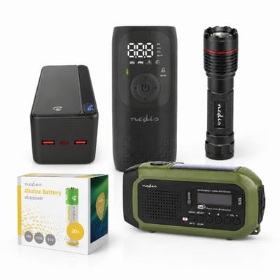 Nedis Noodpakket - Draagbare Noodradio - Powerbank 30000 mAh - Oplaadbare Zaklamp - Draagbare Compressor - 20 stuks AAA Alkaline Batterijen - Complete Survival Kit