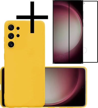Hoesje - Met Screenprotector - Geschikt voor Samsung Galaxy S23 Ultra - Sterk & Shockproof - Back Cover - Siliconen Case - Telefoon Hoes - Geel
