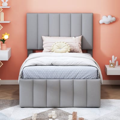 DESMIU Gestoffeerd Bed 90 x 200 cm - Verstelbaar Hoofdbord - Uittrekbaar Bed En 3 Laden - Voor Kinderkamer En Logeerkamer - Linnenlook - Grijs Zonder Matras