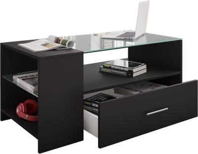 Tindala salontafel met glazen blad, 1 lade, 3 plankenzwart.