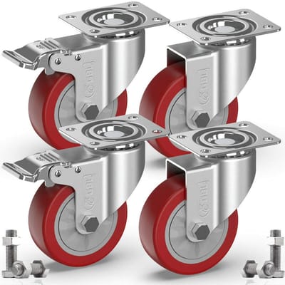 ONF3 - Zware Zwenkwielen met Remmen - Stille Trolleywielen - 100 mm - Zilver - Meubelwielen voor Apparatuur - 600 kg Belastbaar