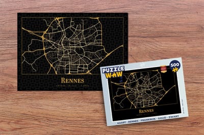 Puzzel Kaart - Rennes - Frankrijk - Goud - Zwart - Legpuzzel - Puzzel 500 stukjes