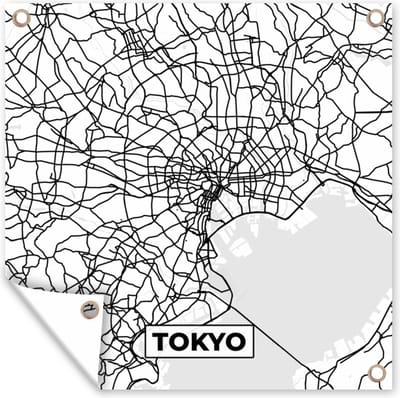 Tuin poster Kaart - Tokyo - Stadskaart - Zwart Wit - Plattegrond - 200x200 cm - Tuindoek