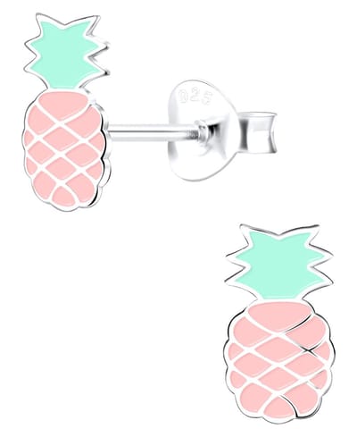 Joy|S - Zilveren ananas oorbellen - roze/ turquoise - kinderoorbellen