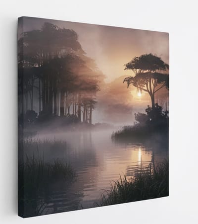 Saammp Canvas Schilderij - Water - mistig Landschap - Natuur - 20x20 - Foto op canvas - Wanddecoratie - Muurdecoratie Woonkamer - Slaapkamer decoratie - Canvas Print