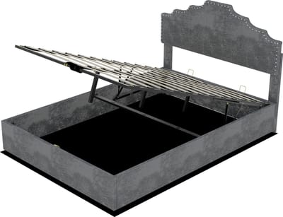 COVREO Bedframe met geometrisch hoofdbord – 140x200 cm – Tweepersoons bed van stof en metaal – met lattenbodem en opbergruimte – Grijs - zonder matras