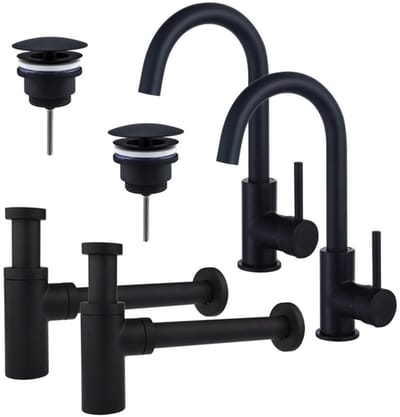FugaFlow Eccelente Sobrado Badkamer Wastafelkraanset - voor dubbele wastafel - hoge wastafelkraan - draaibare uitloop - always open plug - design sifon - Mat zwart