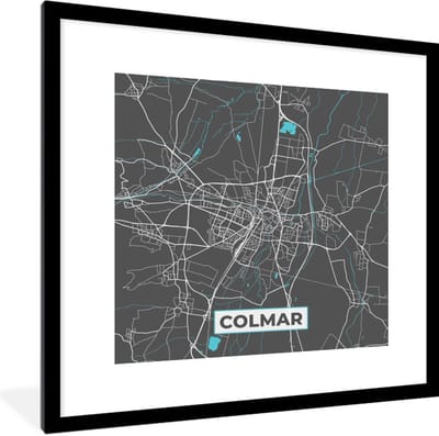 Fotolijst incl. Poster - Plattegrond – Kaart – Stadskaart – Frankrijk – Colmar - 40x40 cm - Posterlijst