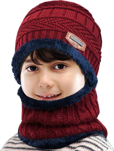 Luxe Gebreide Kinder Beanie Muts Met Sjaal Set - Bonnet Winter Muts Met Colsjaal Nekwarmer - Halswarmer Wintermuts Gevoerd Wol - Balaclava Bivakmuts Met Nek Warmer Col - Heerlijk Warme & Zachte Fleece Voering - Voor Kinderen Van 5-14 Jaar - Rood