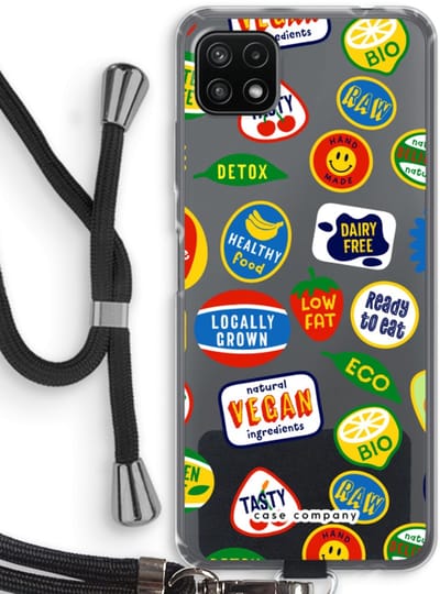 Case Company® - Hoesje met koord geschikt voor Samsung Galaxy A22 5G hoesje met Koord - Fruitsticker - Telefoonhoesje met Zwart Koord - Bescherming aan alle Kanten en Over de Schermrand