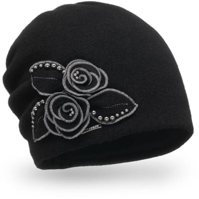 Vivisence Dames Wintermuts - Handgemaakt Van Wol Met Elastische Achterkant En Bloemendetail Met Kralen - Zit Mooi Op Het Hoofd En Biedt Heerlijk Warme Bescherming Tijdens Koude Winterdagen - Zwart