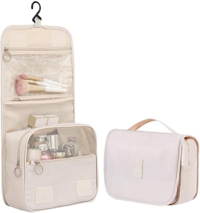 Famanu - Reizen Hangende Toilettas Waszak, Famanu Opvouwbare Waterdichte Make-up Cosmetische Tassen Organizer voor Vrouwen Dames Meisjes, Beige