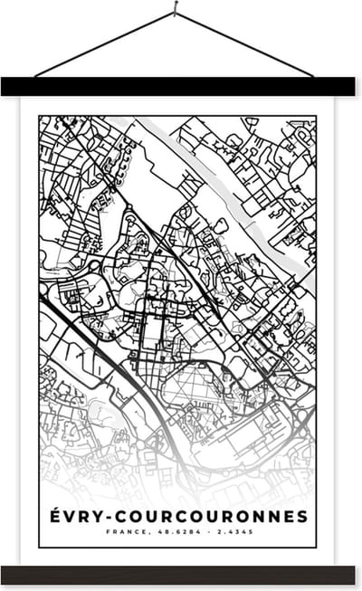 Posterhanger incl. Poster 40x60 cm - Schoolplaat - Stadskaart - Plattegrond - Évry-Courcouronnes - Kaart - Frankrijk - Zwart wit - Textielposter - Zwarte latten - Stadskaart