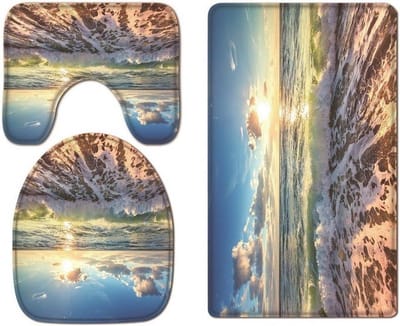 A.Monamour Dawn Time Blue Ocean Sea Tides Golven Rising Sun Blue Sky Print Zachte Flanel Doek Wasbare Toilet Stoelhoezen Toilet Deksel Covers Kussens Pads Skidproof Badmat Rug voor Toilet Accessoires