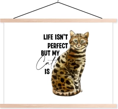 Posterhanger incl. Poster 120x90 cm - Schoolplaat - Spreuken - Quotes - Life isn't perfect but my cat is - Poes - Textielposter - Blanke latten