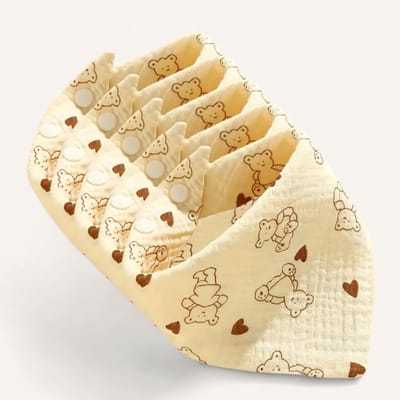 Ultiluxe® Hydrofiele doeken hartjes/beertjes - 5 stuks - Beige/zwart - Zacht katoen - Bandana slabbetjes - Met drukknoop sluiting - Schattige baby spuugdoeken - Spuugdoekjes - Hydrofiel - Verstelbaar - 5-delige set