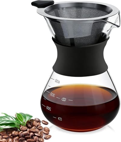 Handmatige Koffiezetter van Borosilicaatglas met Herbruikbaar RVS Filter en Schaal - 400ml Koffiepot voor Aromatische Koffie, Perfecte Dripper voor Thuisgebruik