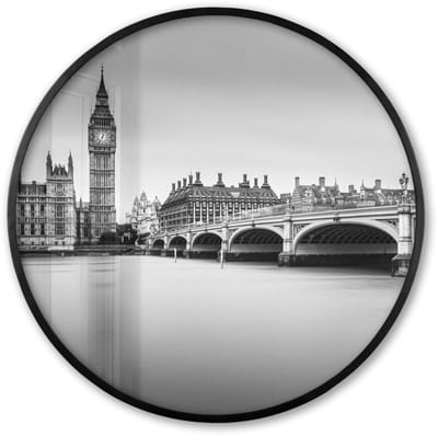 Poster in lijst Rond - Fotolijst 60x60 cm - Posters - Londen - Big Ben - Water - Skyline - Zwart wit - Ronde posterlijst zwart - Decoratie - Wanddecoratie woonkamer - Muurdecoratie slaapkamer