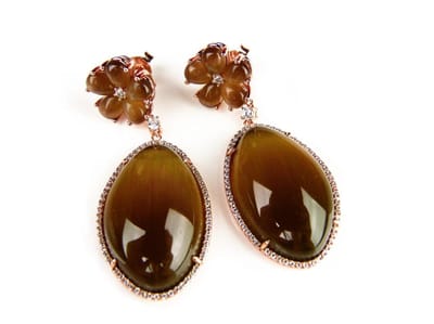 Zilveren oorringen roos goud verguld Model Brown Fantasy zilveren oorbellen roos goud verguld gezet met bruine stenen en cubic zirconia
